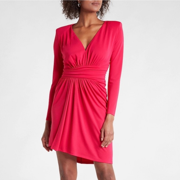 Express Draped V-Neck Strong Shoulder Mini Dress Flamingo Pink XXSP - Picture 1 of 11